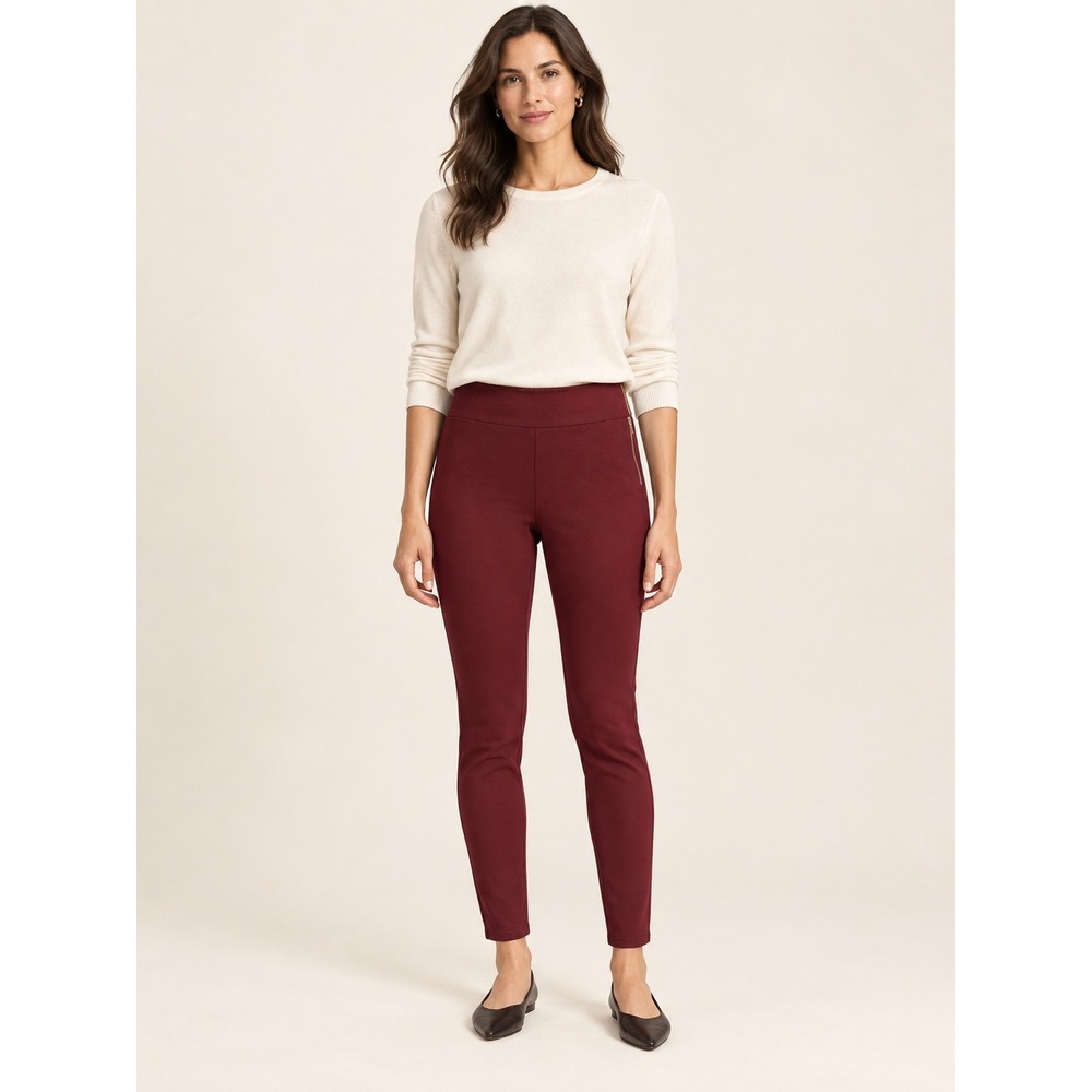 Ann Taylor Women Skinny Pants 0P Burgundy Side Zip Ponte Stretch Workwear Petite